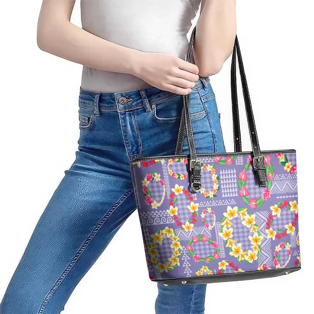 Hawaiian Leis Leather Tote Bag Kakau Tattoos and Palaka Pastel Purple Color LT03 - Polynesian Pride