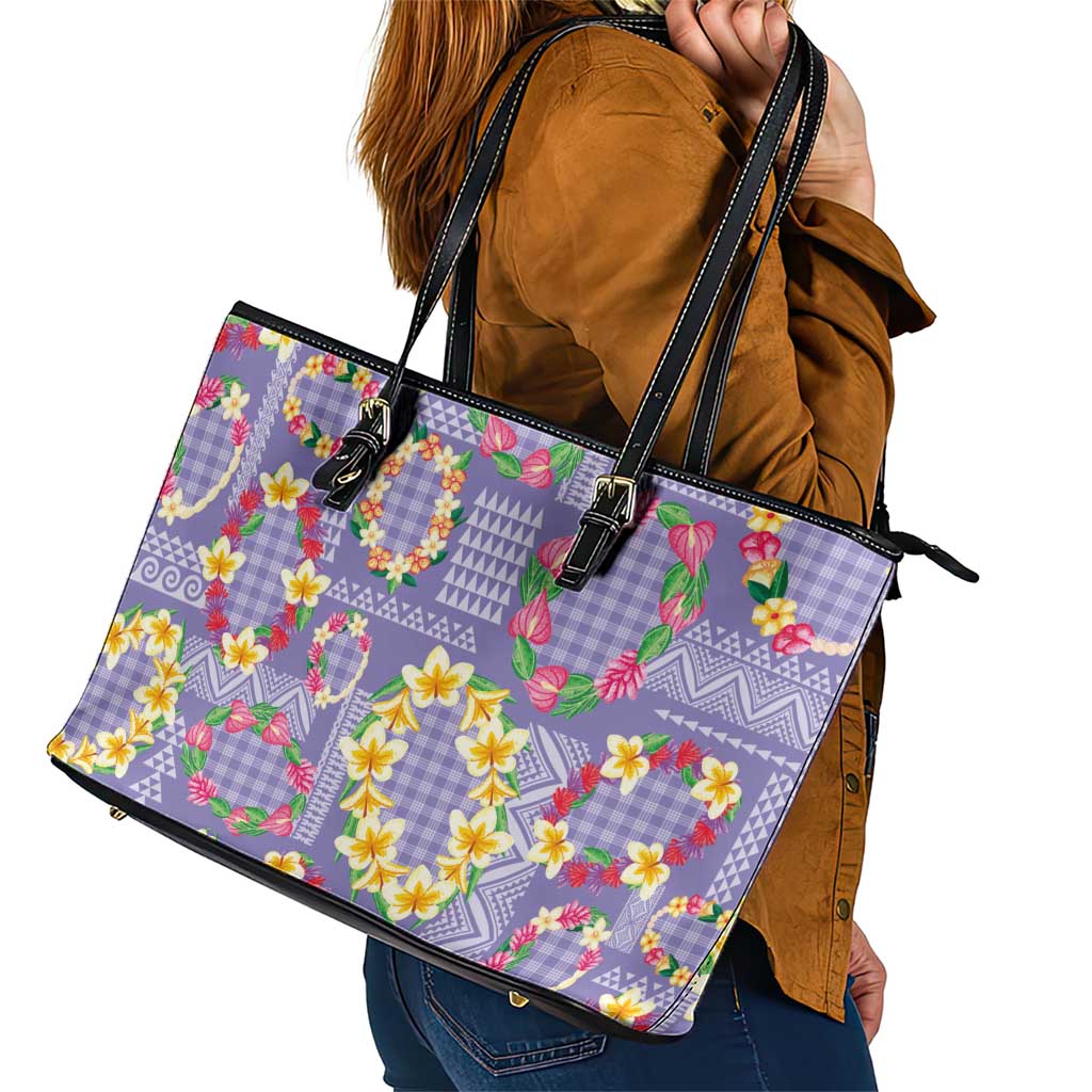 Hawaiian Leis Leather Tote Bag Kakau Tattoos and Palaka Pastel Purple Color LT03 - Polynesian Pride