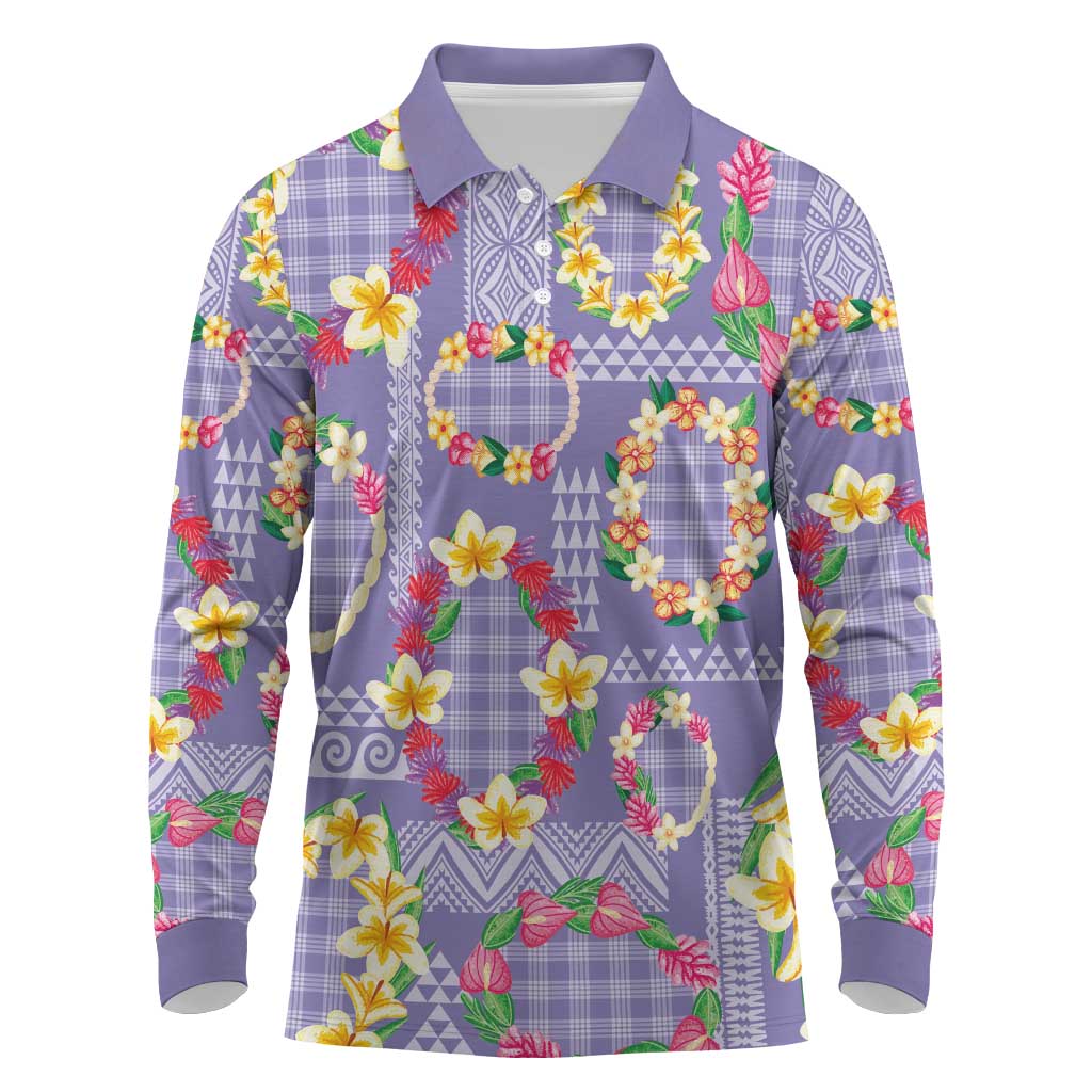 Hawaiian Leis Long Sleeve Polo Shirt Kakau Tattoos and Palaka Pastel Purple Color