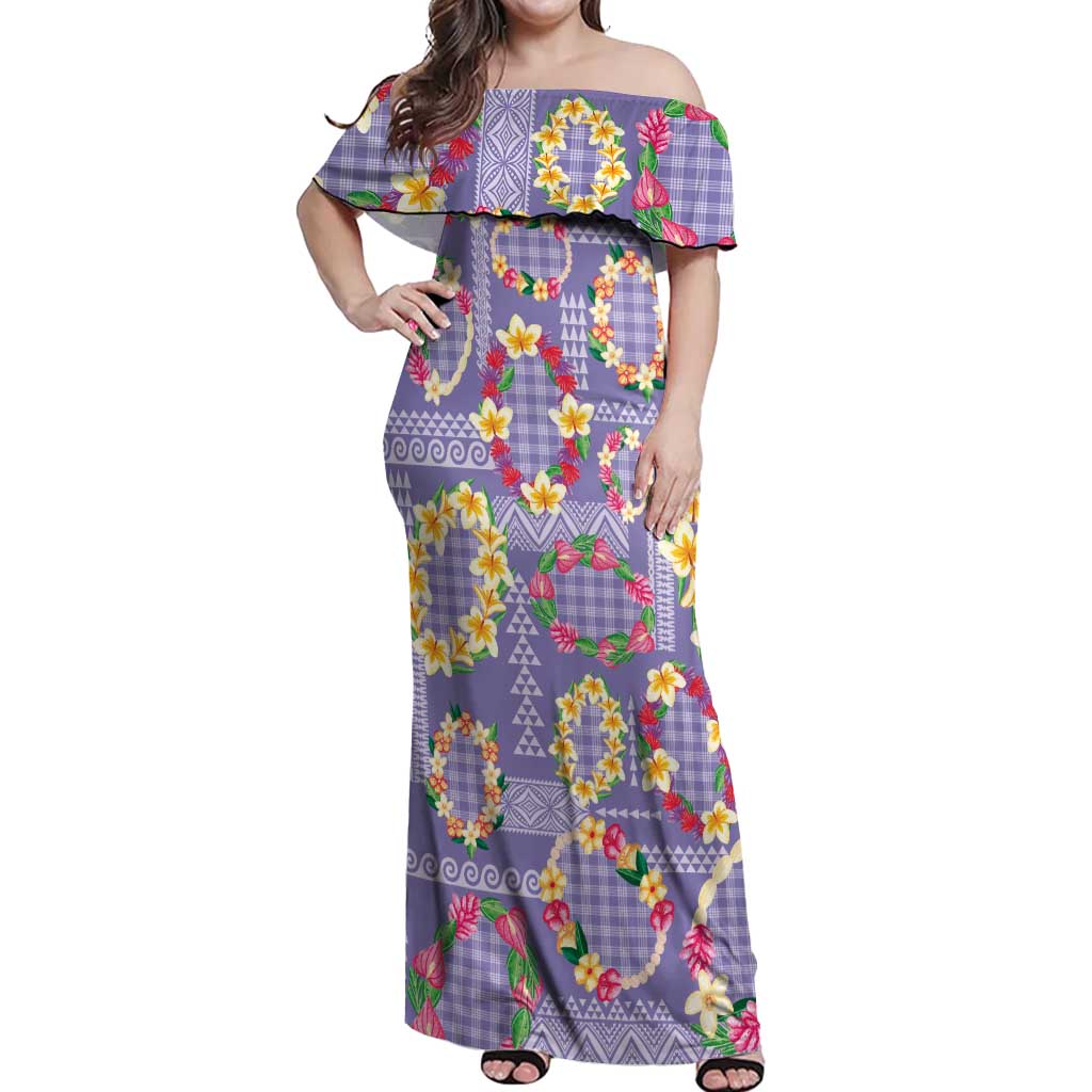 Hawaiian Leis Off Shoulder Maxi Dress Kakau Tattoos and Palaka Pastel Purple Color LT03 Women Purple - Polynesian Pride