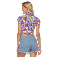 Hawaiian Leis Raglan Cropped T Shirt Kakau Tattoos and Palaka Pastel Purple Color LT03 - Polynesian Pride
