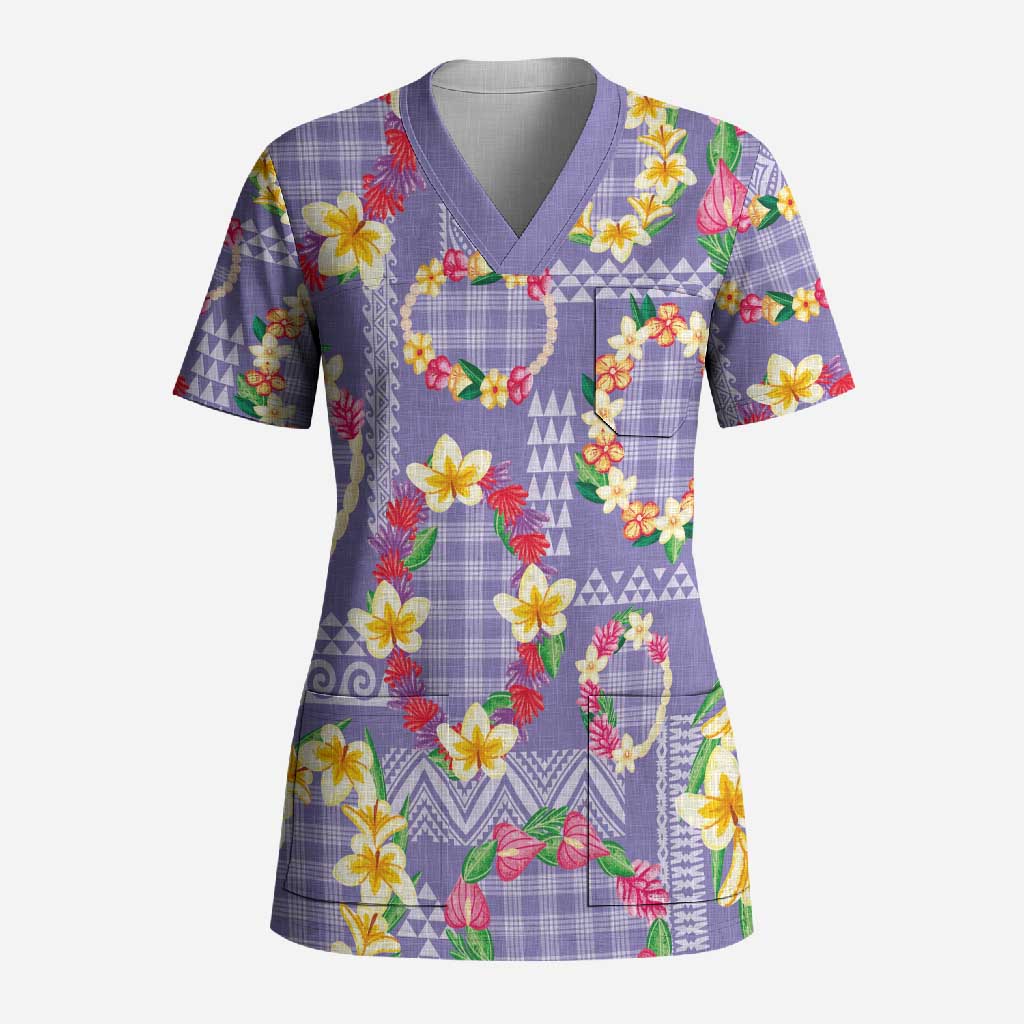 Hawaiian Leis Scrub Top Kakau Tattoos and Palaka Pastel Purple Color LT03 Adult Purple - Polynesian Pride