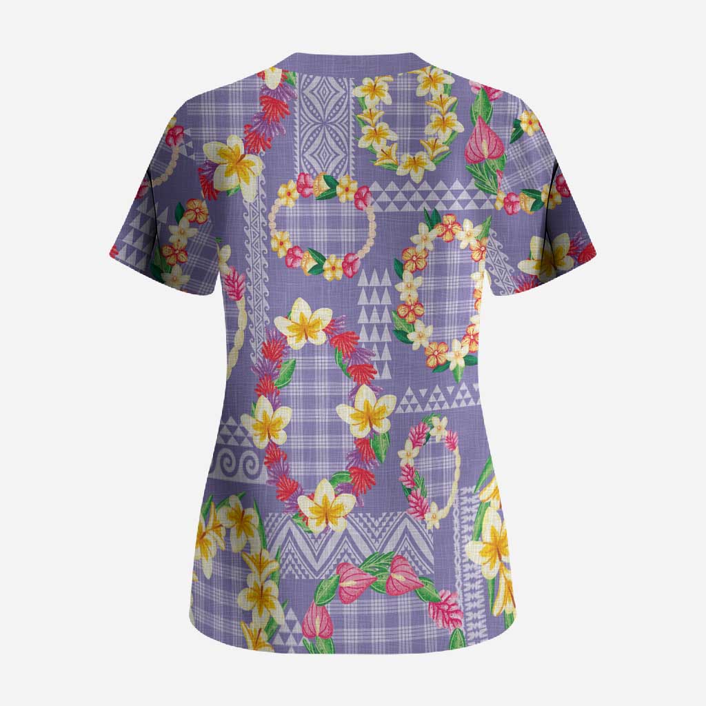Hawaiian Leis Scrub Top Kakau Tattoos and Palaka Pastel Purple Color LT03 - Polynesian Pride