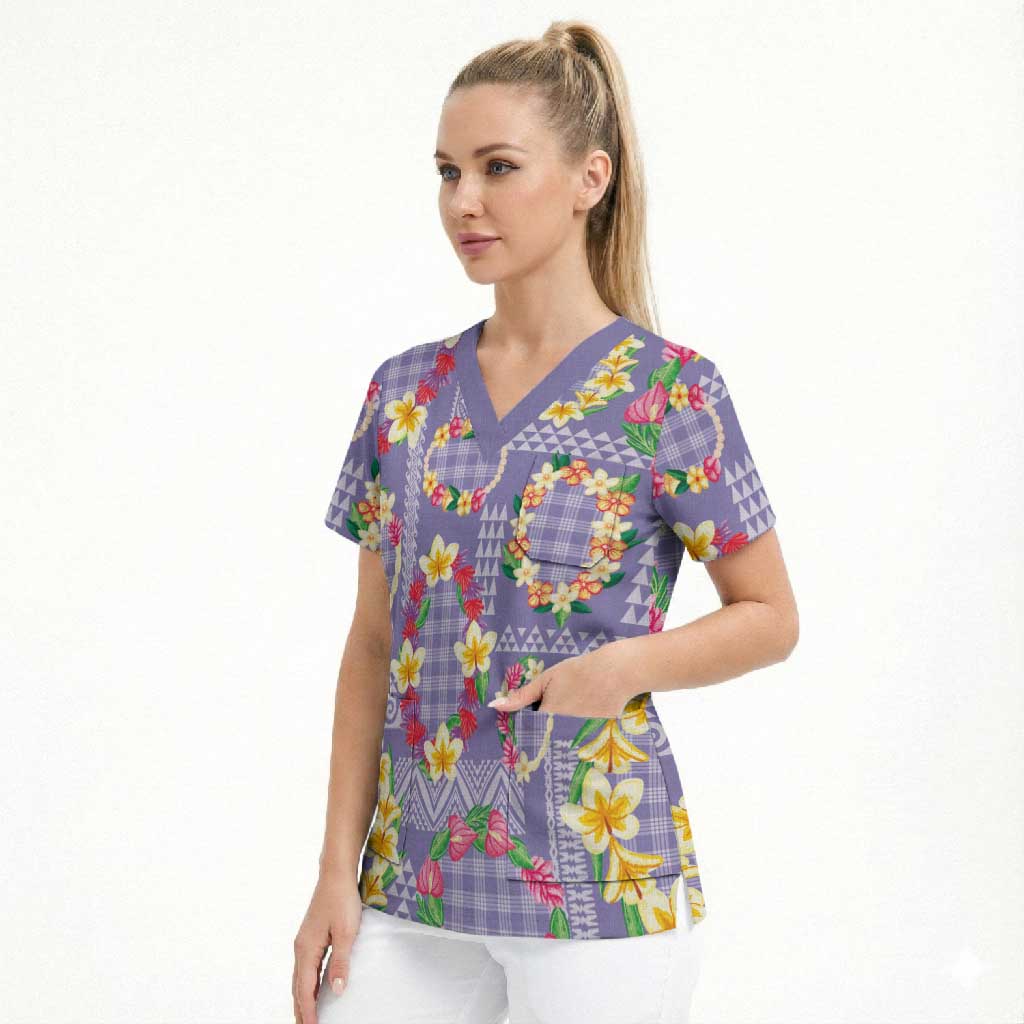 Hawaiian Leis Scrub Top Kakau Tattoos and Palaka Pastel Purple Color LT03 - Polynesian Pride
