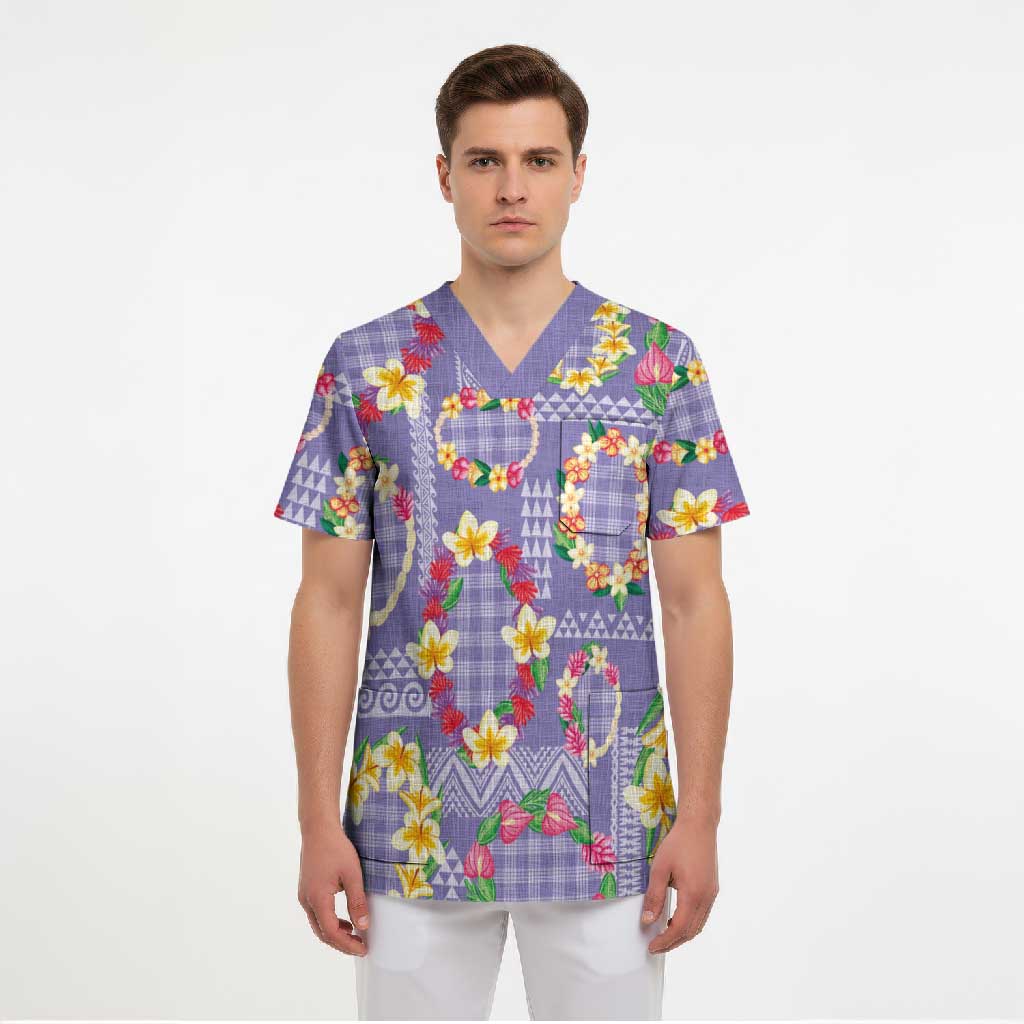 Hawaiian Leis Scrub Top Kakau Tattoos and Palaka Pastel Purple Color LT03 - Polynesian Pride