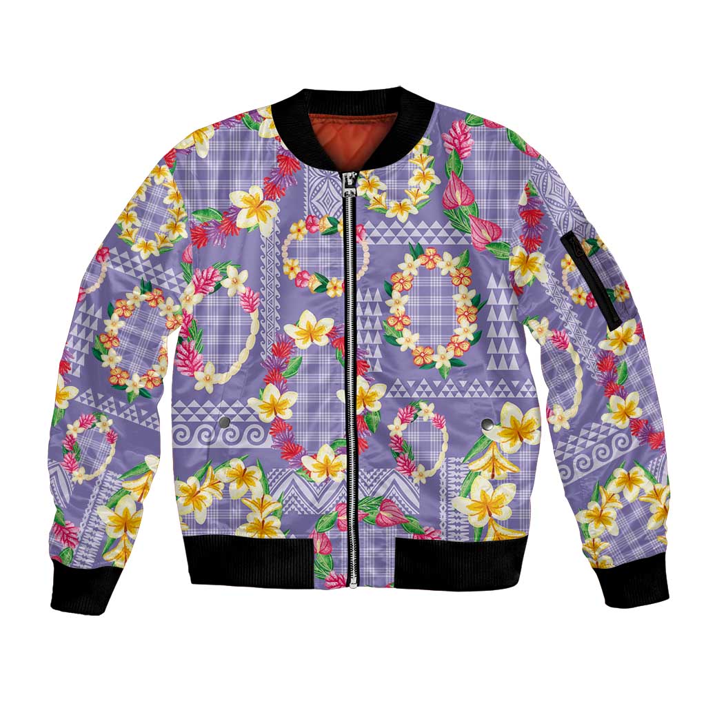 Hawaiian Leis Sleeve Zip Bomber Jacket Kakau Tattoos and Palaka Pastel Purple Color LT03 Unisex Purple - Polynesian Pride