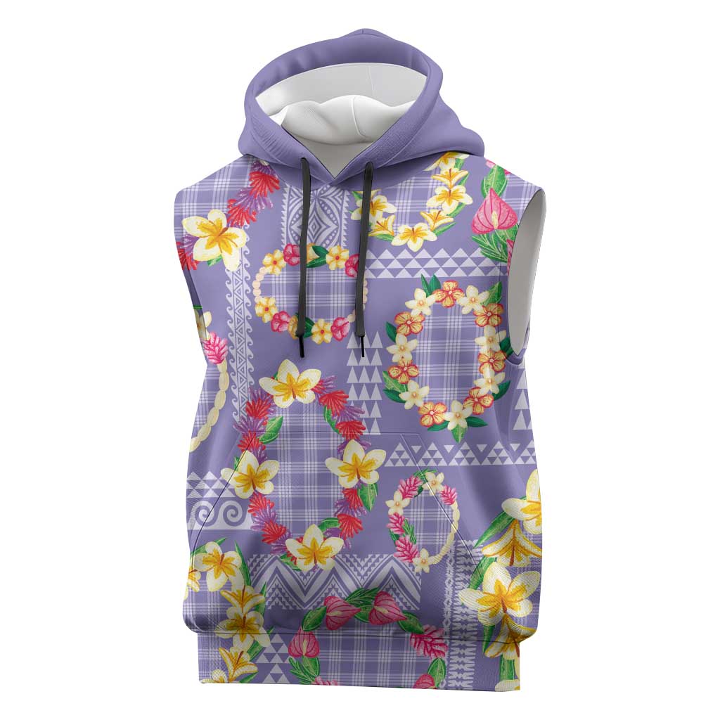 Hawaiian Leis Sleeveless Hoodie Kakau Tattoos and Palaka Pastel Purple Color