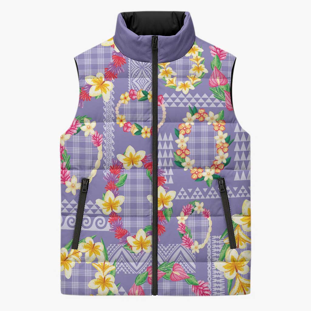 Hawaiian Leis Sleeveless Puffer Jacket Kakau Tattoos and Palaka Pastel Purple Color LT03 Unisex Purple - Polynesian Pride