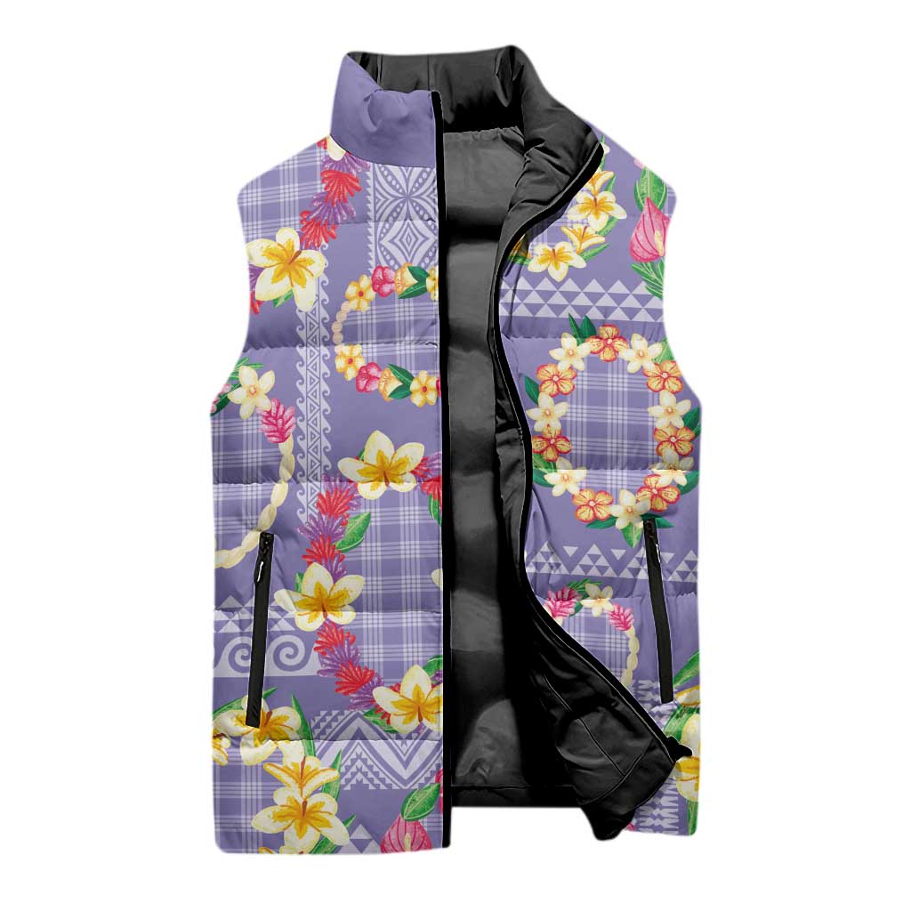 Hawaiian Leis Sleeveless Puffer Jacket Kakau Tattoos and Palaka Pastel Purple Color LT03 - Polynesian Pride