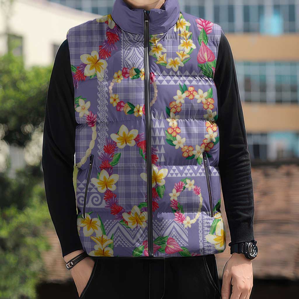 Hawaiian Leis Sleeveless Puffer Jacket Kakau Tattoos and Palaka Pastel Purple Color LT03 - Polynesian Pride