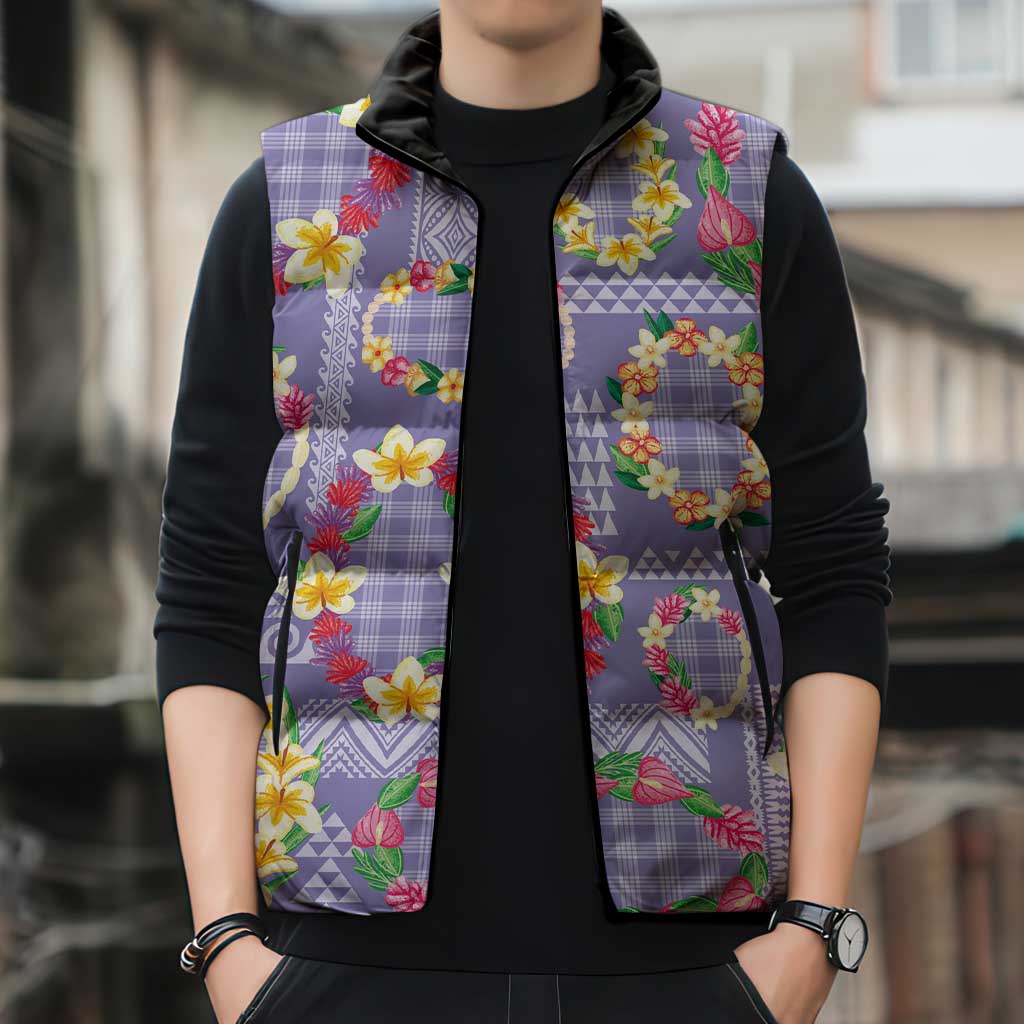 Hawaiian Leis Sleeveless Puffer Jacket Kakau Tattoos and Palaka Pastel Purple Color LT03 - Polynesian Pride