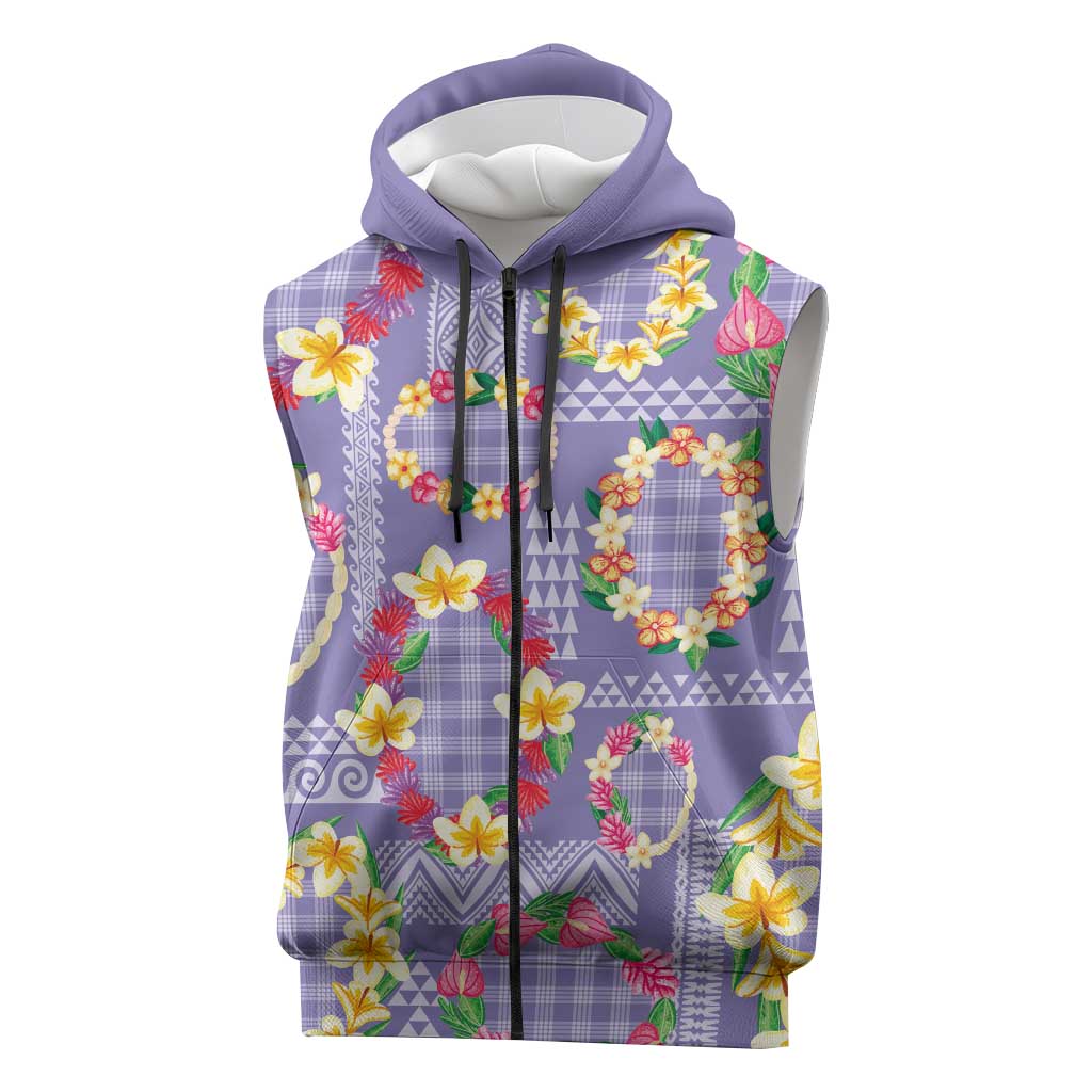 Hawaiian Leis Sleeveless Zip Hoodie Kakau Tattoos and Palaka Pastel Purple Color LT03 Purple - Polynesian Pride
