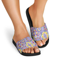 Hawaiian Leis Slide Sandals Kakau Tattoos and Palaka Pastel Purple Color LT03 - Polynesian Pride