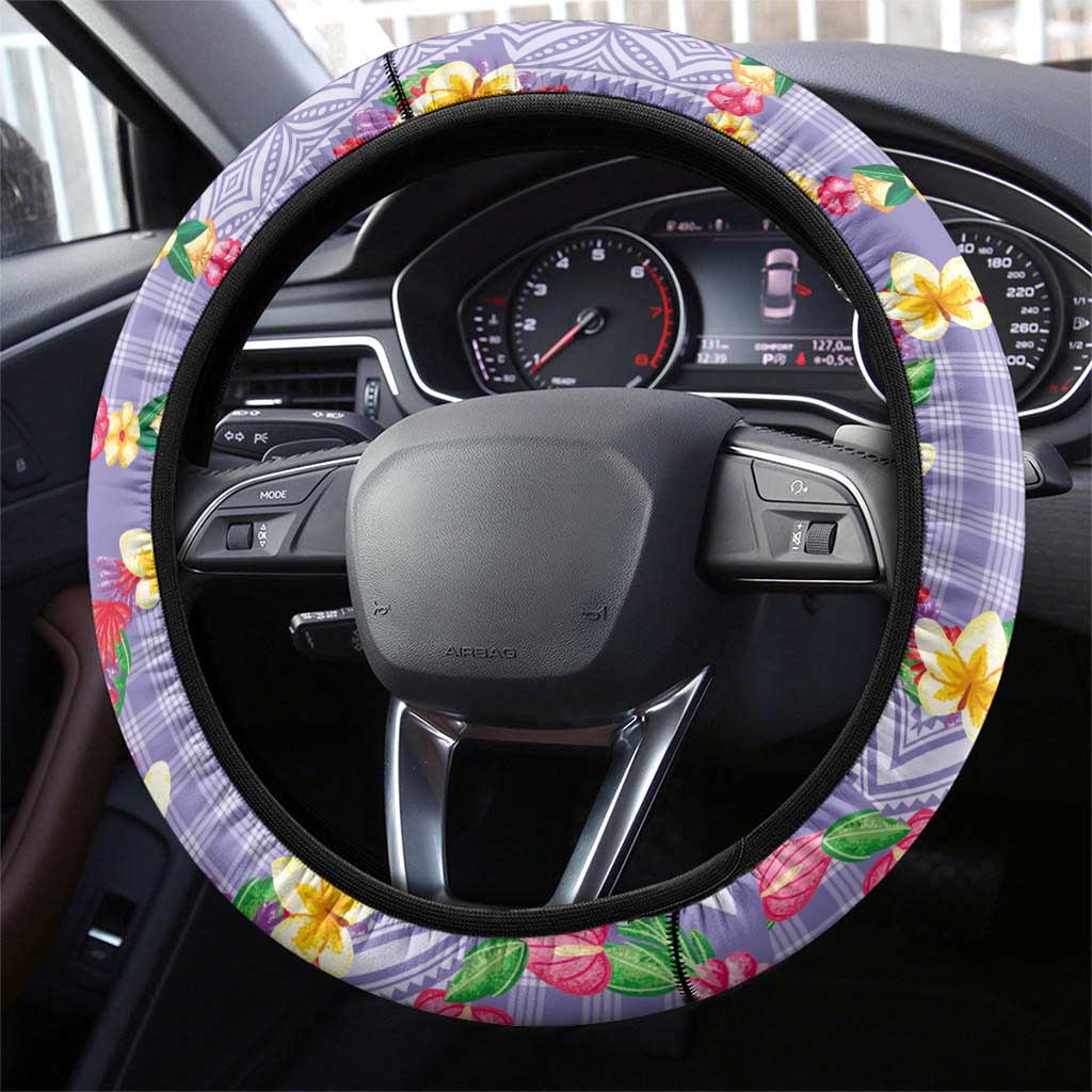 Hawaiian Leis Steering Wheel Cover Kakau Tattoos and Palaka Pastel Purple Color LT03 - Polynesian Pride