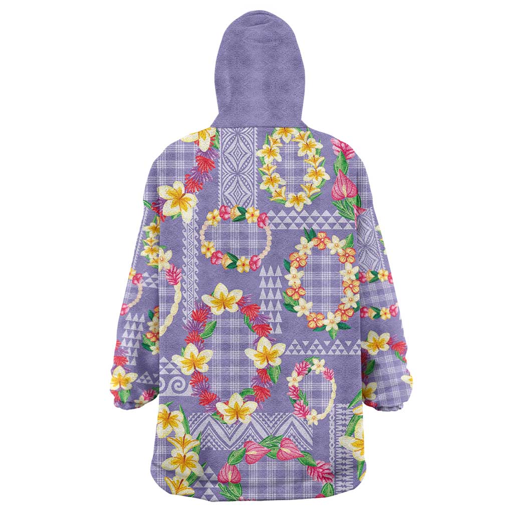 Hawaiian Leis Wearable Blanket Hoodie Kakau Tattoos and Palaka Pastel Purple Color LT03 - Polynesian Pride