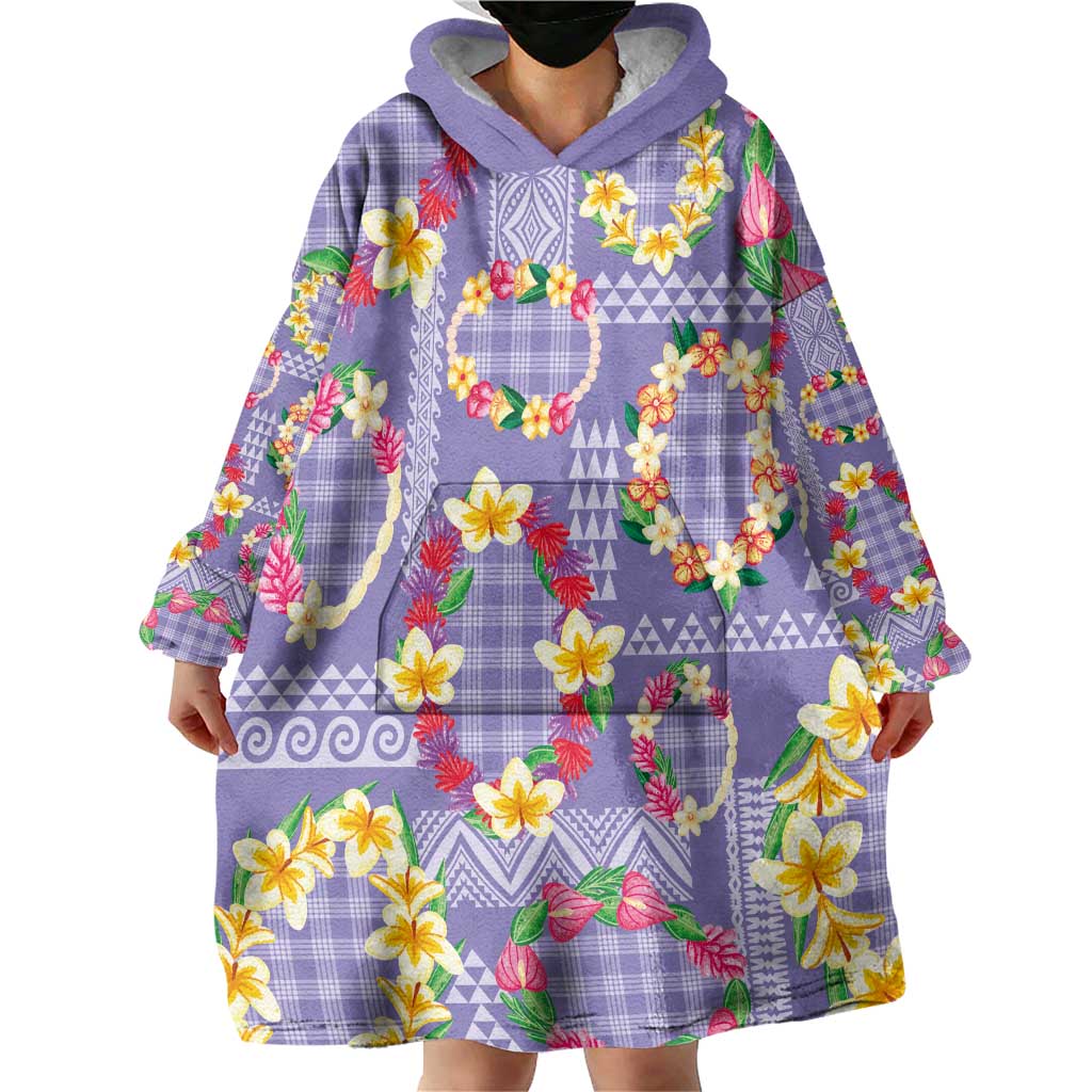 Hawaiian Leis Wearable Blanket Hoodie Kakau Tattoos and Palaka Pastel Purple Color LT03 - Polynesian Pride