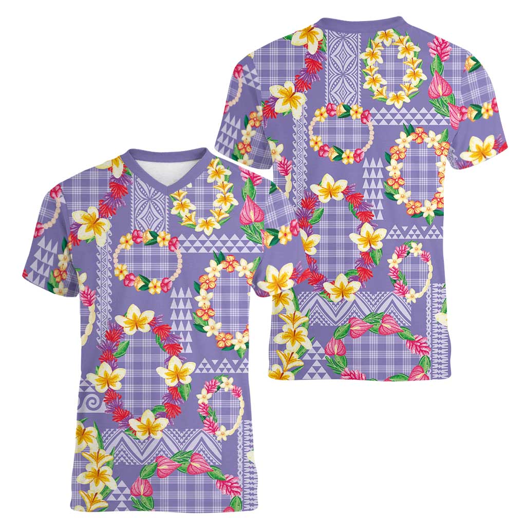 Hawaiian Leis Women V-Neck T-Shirt Kakau Tattoos and Palaka Pastel Purple Color LT03 - Polynesian Pride