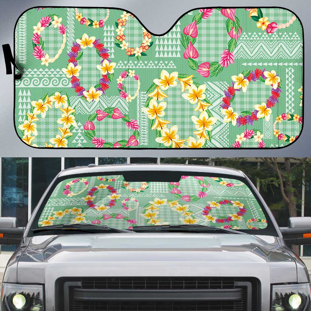 Hawaiian Leis Auto Sun Shade Kakau Tattoos and Palaka Pastel Green Color LT03 Green - Polynesian Pride