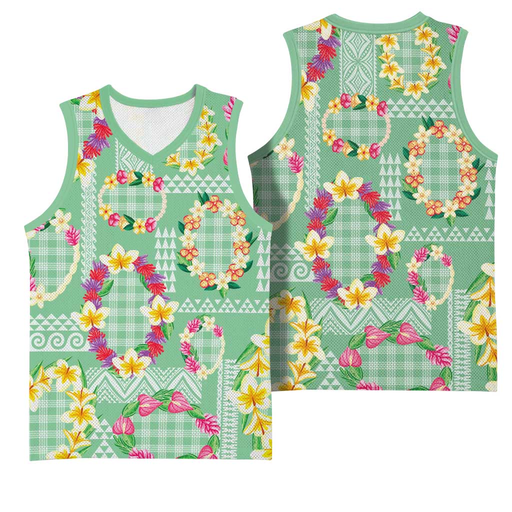 Hawaiian Leis Basketball Jersey Kakau Tattoos and Palaka Pastel Green Color LT03 - Polynesian Pride