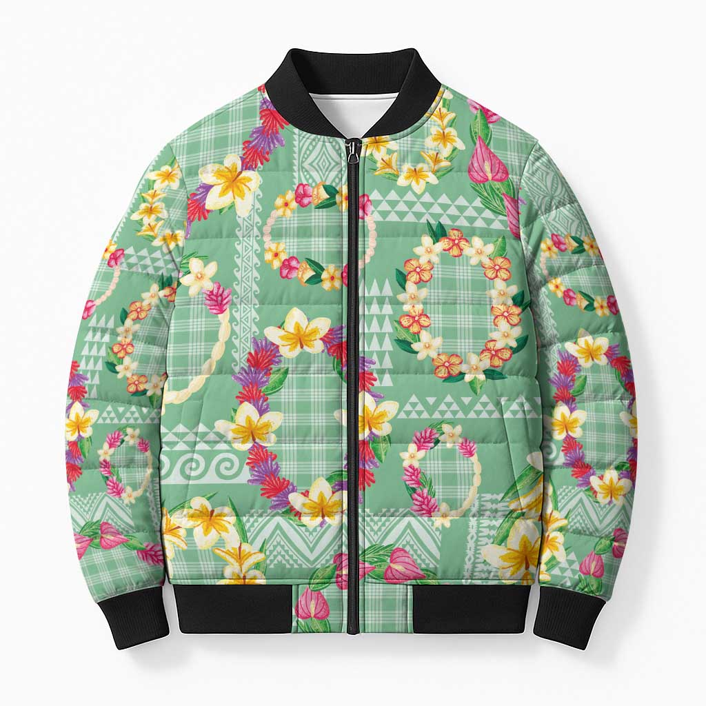 Hawaiian Leis Bomber Puffer Jacket Kakau Tattoos and Palaka Pastel Green Color LT03 Unisex Green - Polynesian Pride