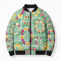 Hawaiian Leis Bomber Puffer Jacket Kakau Tattoos and Palaka Pastel Green Color LT03 Unisex Green - Polynesian Pride