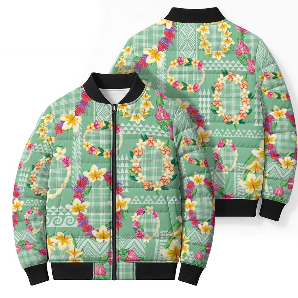 Hawaiian Leis Bomber Puffer Jacket Kakau Tattoos and Palaka Pastel Green Color LT03 - Polynesian Pride