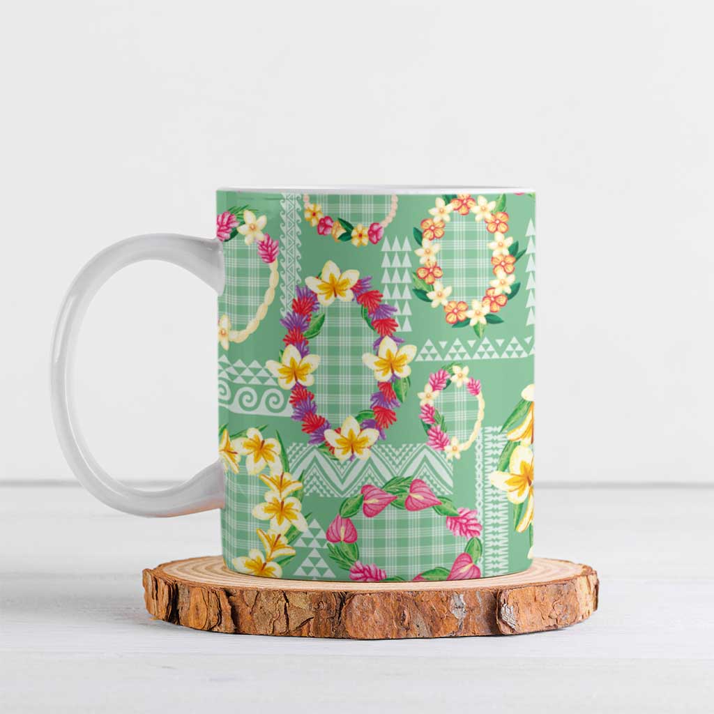 Hawaiian Leis Ceramic Mug Kakau Tattoos and Palaka Pastel Green Color LT03 Green - Polynesian Pride