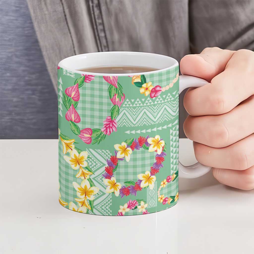 Hawaiian Leis Ceramic Mug Kakau Tattoos and Palaka Pastel Green Color LT03 - Polynesian Pride