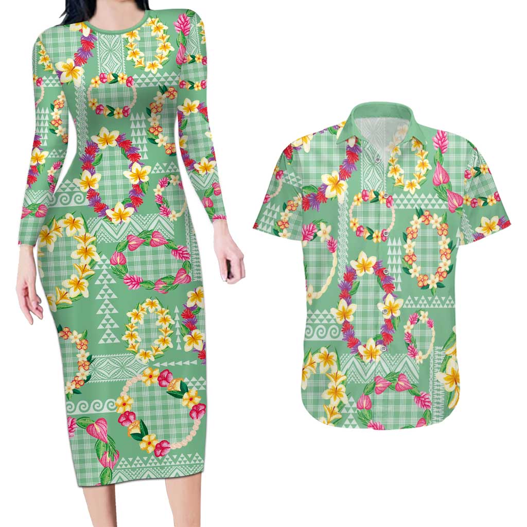 Hawaiian Leis Couples Matching Long Sleeve Bodycon Dress and Hawaiian Shirt Kakau Tattoos and Palaka Pastel Green Color