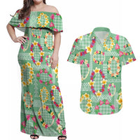 Hawaiian Leis Couples Matching Off Shoulder Maxi Dress and Hawaiian Shirt Kakau Tattoos and Palaka Pastel Green Color LT03 Green - Polynesian Pride