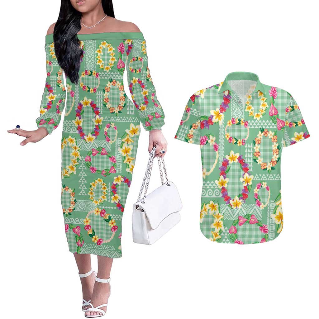 Hawaiian Leis Couples Matching Off The Shoulder Long Sleeve Dress and Hawaiian Shirt Kakau Tattoos and Palaka Pastel Green Color LT03 Green - Polynesian Pride