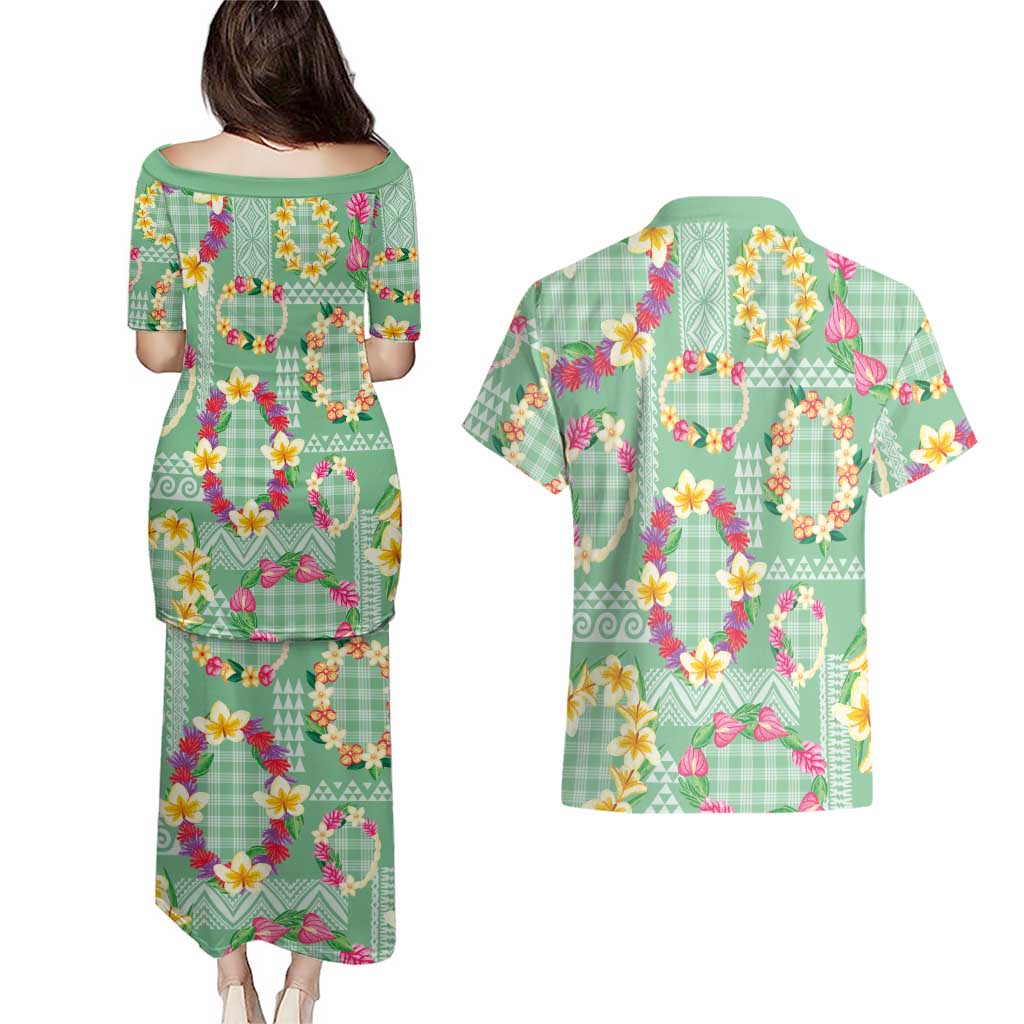 Hawaiian Leis Couples Matching Puletasi and Hawaiian Shirt Kakau Tattoos and Palaka Pastel Green Color LT03 - Polynesian Pride