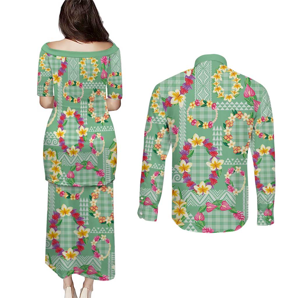 Hawaiian Leis Couples Matching Puletasi and Long Sleeve Button Shirt Kakau Tattoos and Palaka Pastel Green Color LT03 - Polynesian Pride