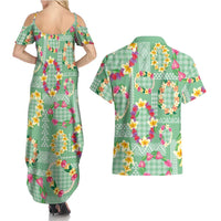 Hawaiian Leis Couples Matching Summer Maxi Dress and Hawaiian Shirt Kakau Tattoos and Palaka Pastel Green Color LT03 - Polynesian Pride