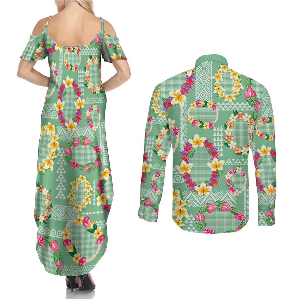 Hawaiian Leis Couples Matching Summer Maxi Dress and Long Sleeve Button Shirt Kakau Tattoos and Palaka Pastel Green Color LT03 - Polynesian Pride