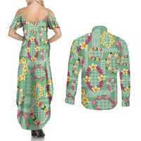 Hawaiian Leis Couples Matching Summer Maxi Dress and Long Sleeve Button Shirt Kakau Tattoos and Palaka Pastel Green Color LT03 - Polynesian Pride