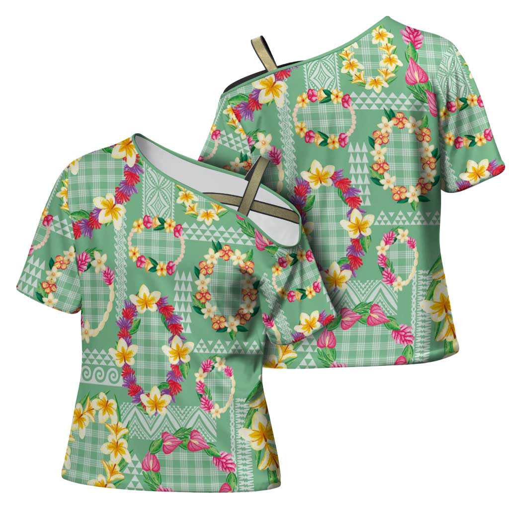 Hawaiian Leis Cross Shoulder Shirt Kakau Tattoos and Palaka Pastel Green Color LT03 - Polynesian Pride