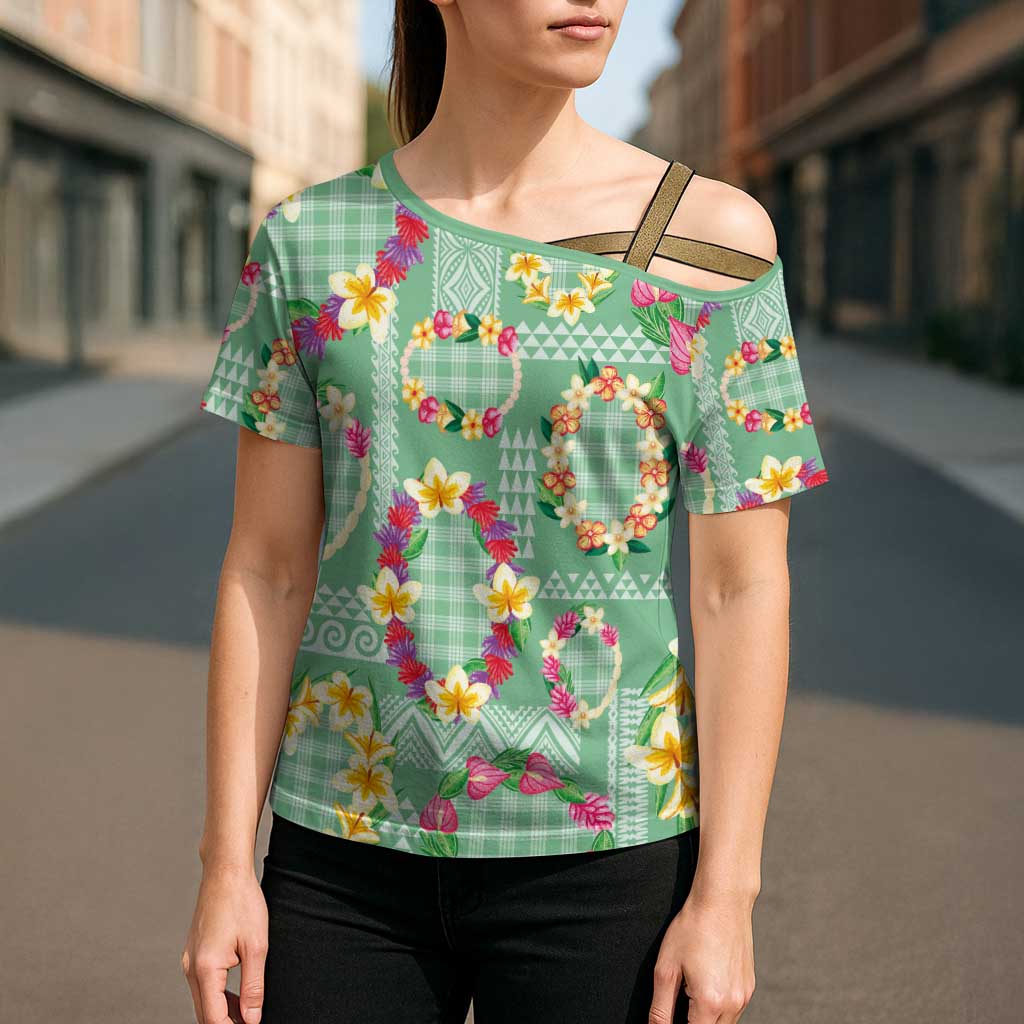 Hawaiian Leis Cross Shoulder Shirt Kakau Tattoos and Palaka Pastel Green Color LT03 - Polynesian Pride