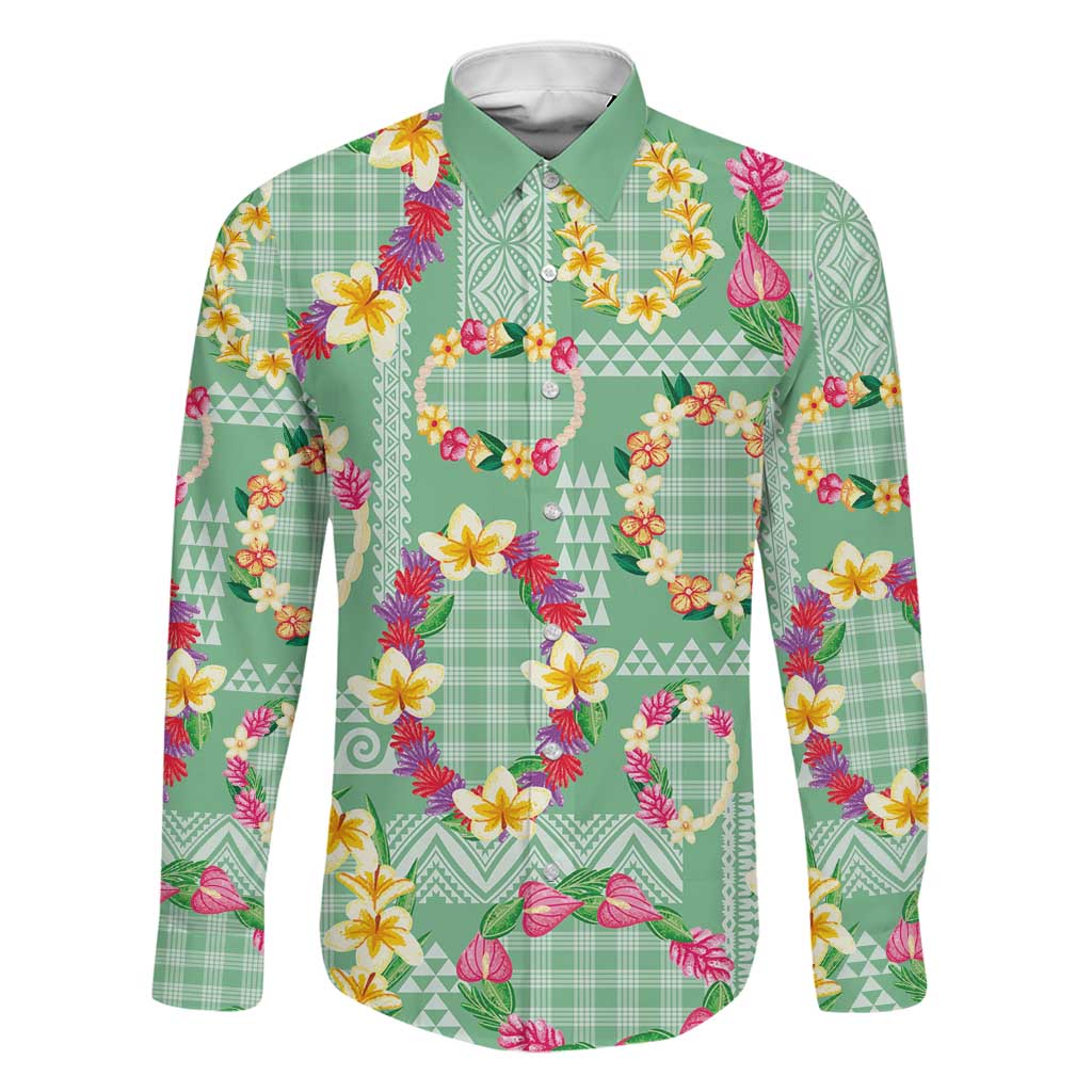 Hawaiian Leis Family Matching Long Sleeve Bodycon Dress and Hawaiian Shirt Kakau Tattoos and Palaka Pastel Green Color LT03 Dad's Shirt - Long Sleeve Green - Polynesian Pride