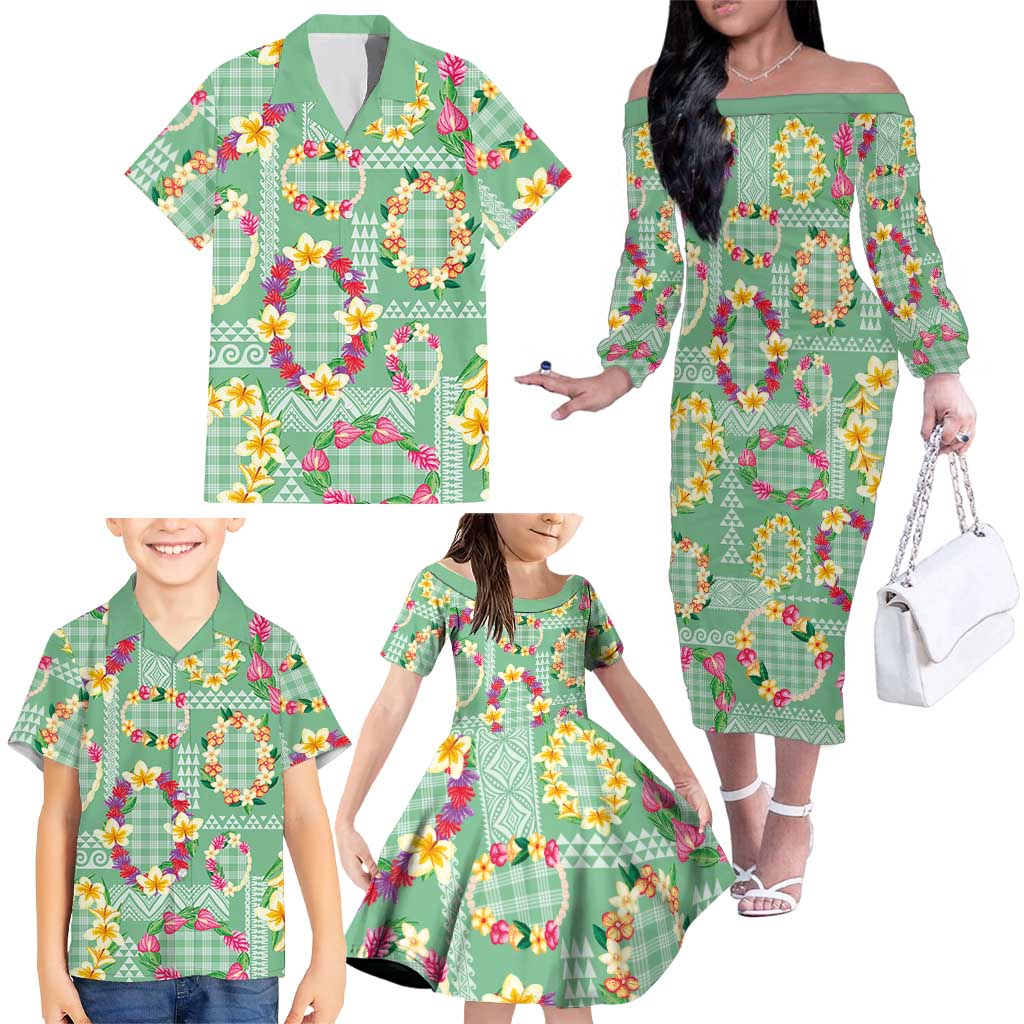 Hawaiian Leis Family Matching Off The Shoulder Long Sleeve Dress and Hawaiian Shirt Kakau Tattoos and Palaka Pastel Green Color LT03 - Polynesian Pride