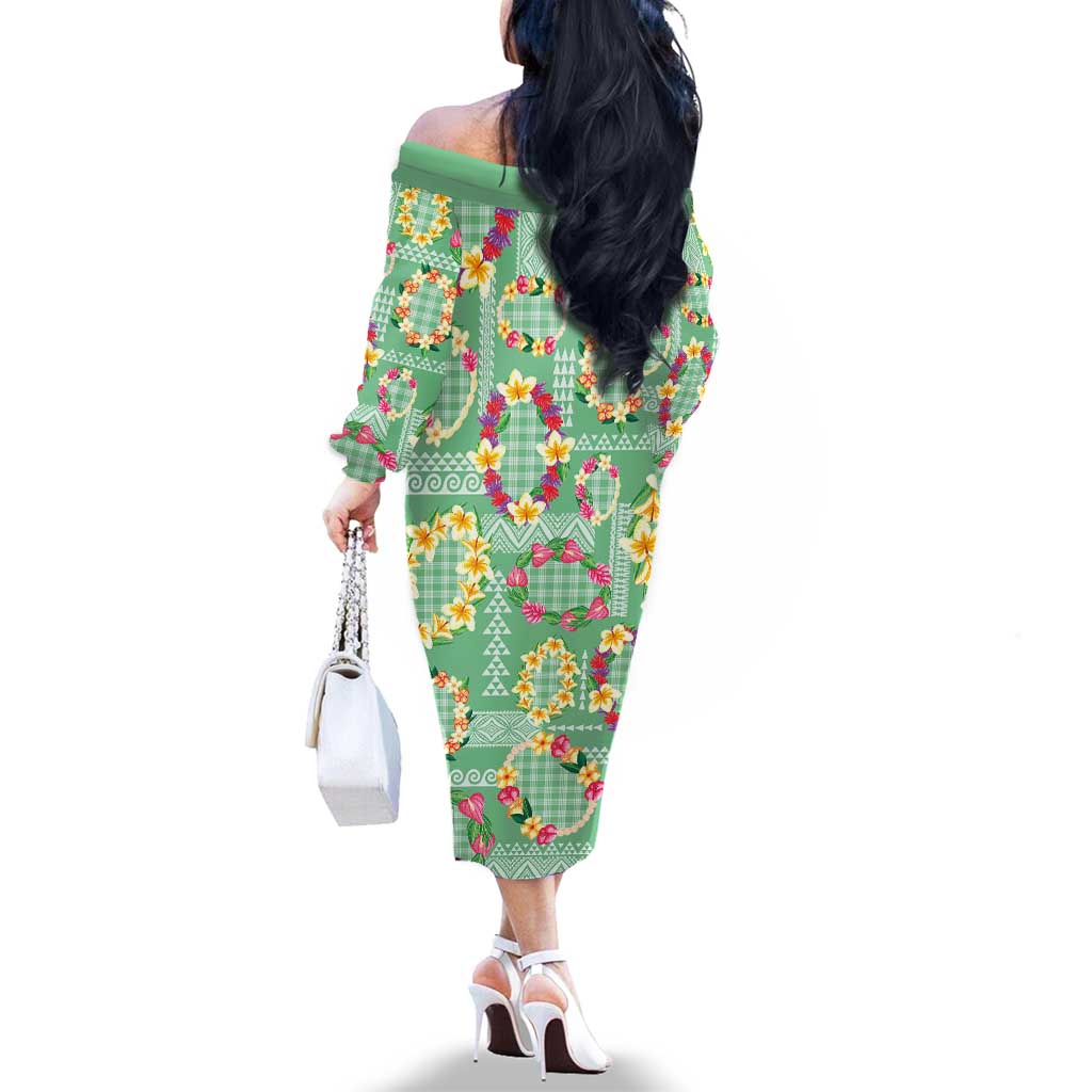 Hawaiian Leis Family Matching Off The Shoulder Long Sleeve Dress and Hawaiian Shirt Kakau Tattoos and Palaka Pastel Green Color LT03 - Polynesian Pride