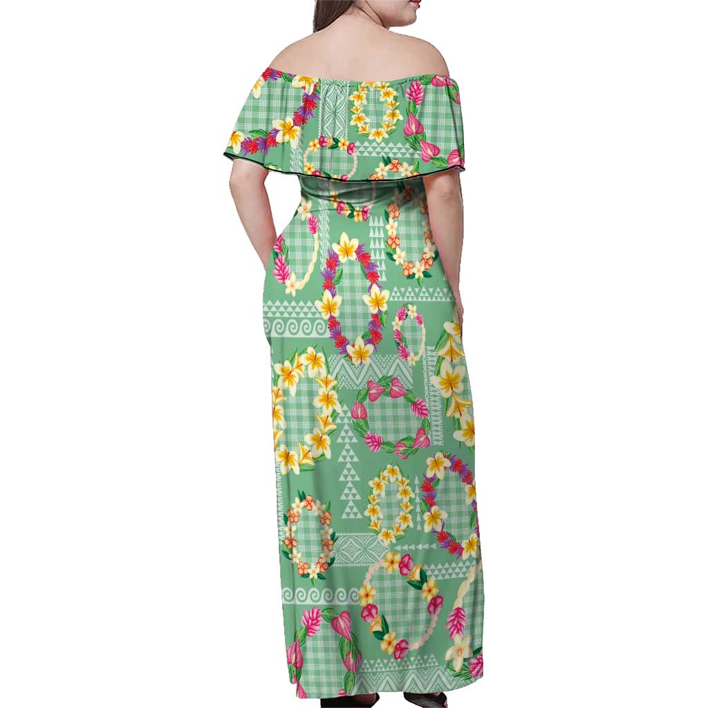Hawaiian Leis Family Matching Off Shoulder Maxi Dress and Hawaiian Shirt Kakau Tattoos and Palaka Pastel Green Color LT03 - Polynesian Pride