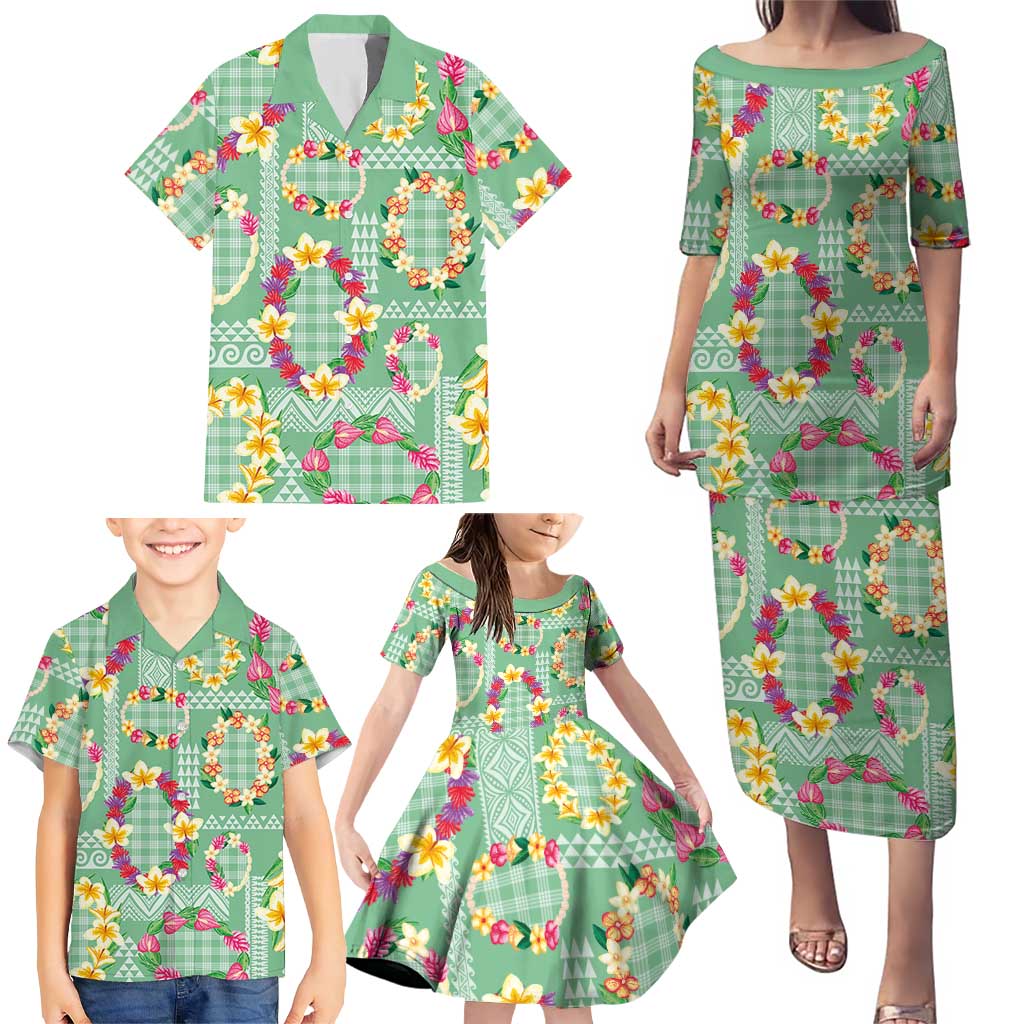 Hawaiian Leis Family Matching Puletasi and Hawaiian Shirt Kakau Tattoos and Palaka Pastel Green Color
