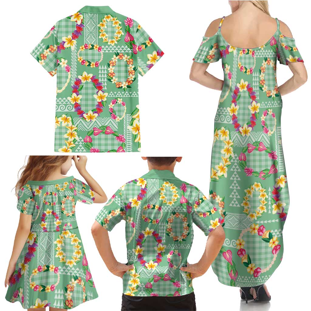 Hawaiian Leis Family Matching Summer Maxi Dress and Hawaiian Shirt Kakau Tattoos and Palaka Pastel Green Color LT03 - Polynesian Pride