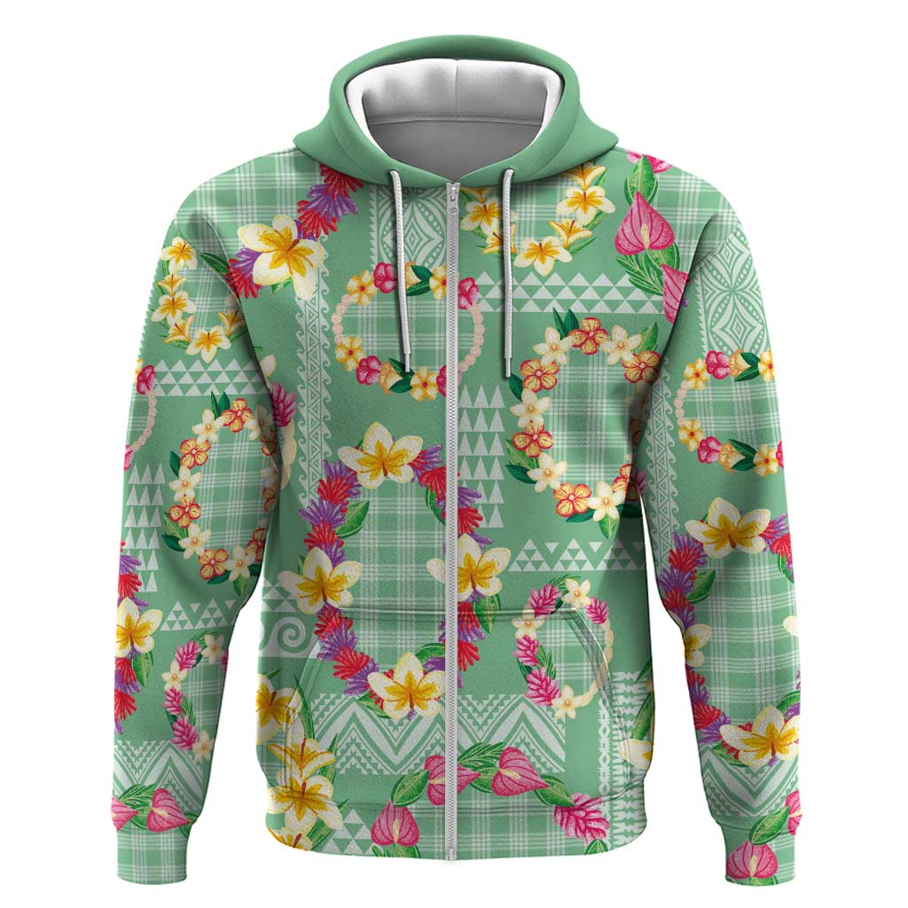Hawaiian Leis Hoodie Kakau Tattoos and Palaka Pastel Green Color LT03 Zip Hoodie Green - Polynesian Pride