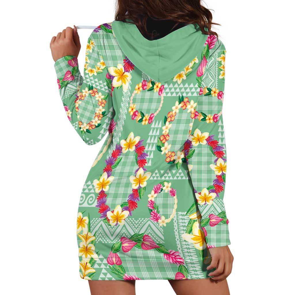Hawaiian Leis Hoodie Dress Kakau Tattoos and Palaka Pastel Green Color LT03 - Polynesian Pride