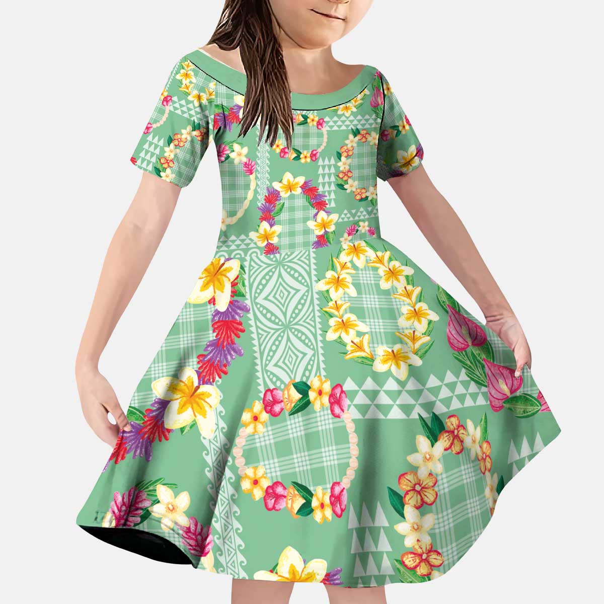 Hawaiian Leis Kid Short Sleeve Dress Kakau Tattoos and Palaka Pastel Green Color