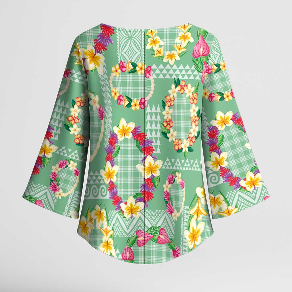 Hawaiian Leis Kimono Sleeve Blouse Kakau Tattoos and Palaka Pastel Green Color LT03 - Polynesian Pride