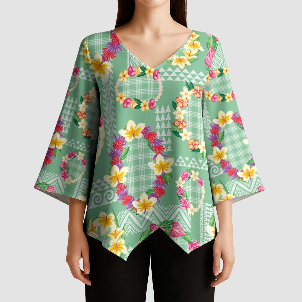 Hawaiian Leis Kimono Sleeve Blouse Kakau Tattoos and Palaka Pastel Green Color LT03 - Polynesian Pride