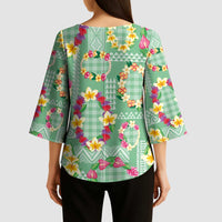 Hawaiian Leis Kimono Sleeve Blouse Kakau Tattoos and Palaka Pastel Green Color LT03 - Polynesian Pride